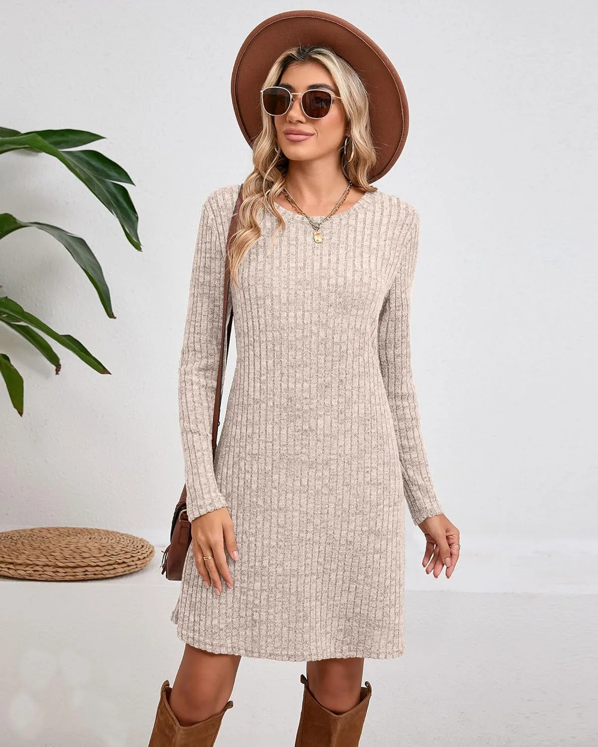 Riyiper 3 Pack Women's Long Sleeve Sweater Tunic Dresses - Loose Fitting Knit Crew Neck for Casual Fall Winter