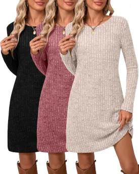 Riyiper 3 Pack Women's Long Sleeve Sweater Tunic Dresses - Loose Fitting Knit Crew Neck for Casual Fall Winter