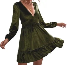 ROYLAMP Women's Dresses Velvet Deep V-Neck Long Sleeve Ruffle Mini Swing Sexy Cocktail Shift Dress