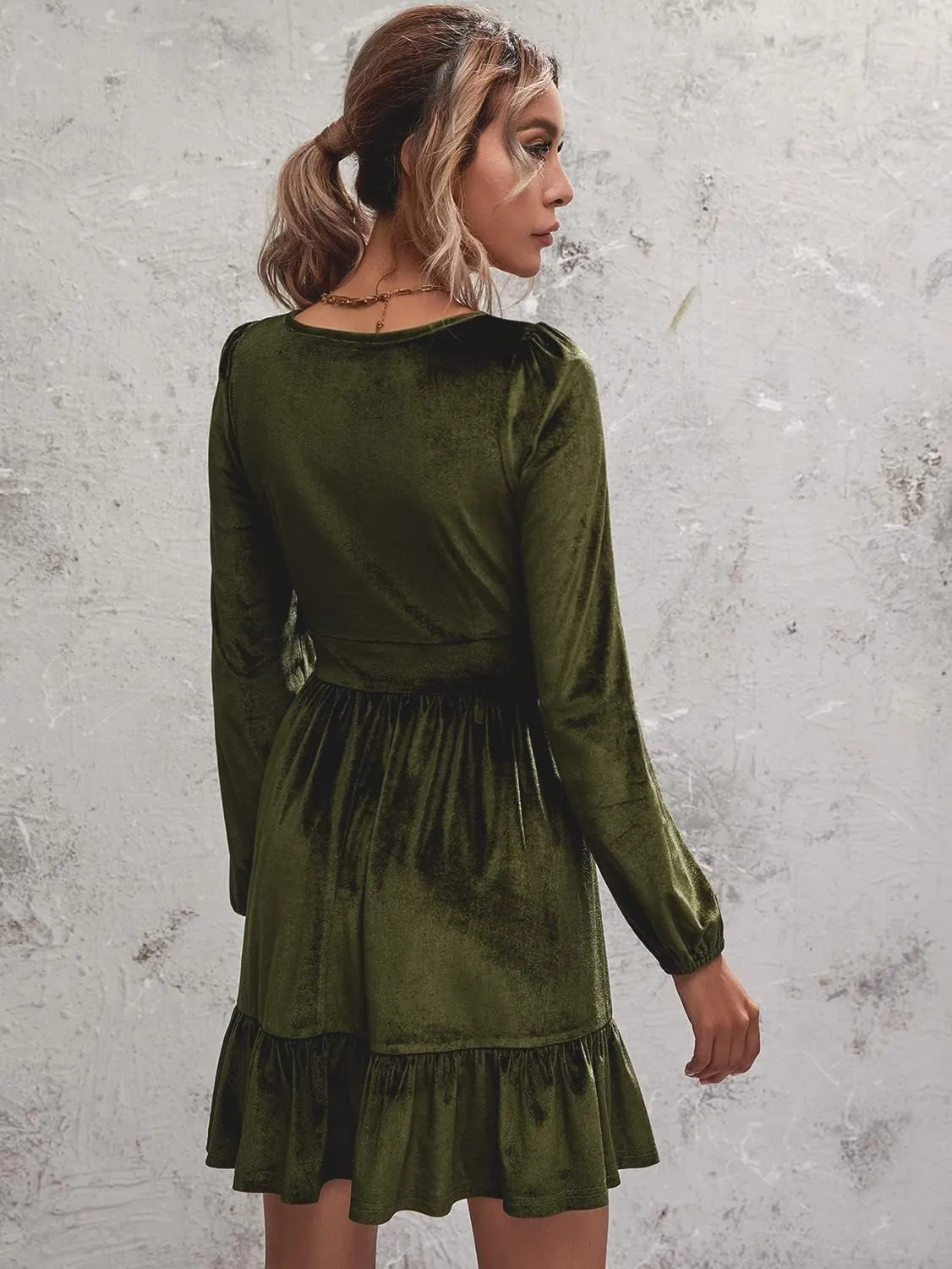 ROYLAMP Women's Dresses Velvet Deep V-Neck Long Sleeve Ruffle Mini Swing Sexy Cocktail Shift Dress