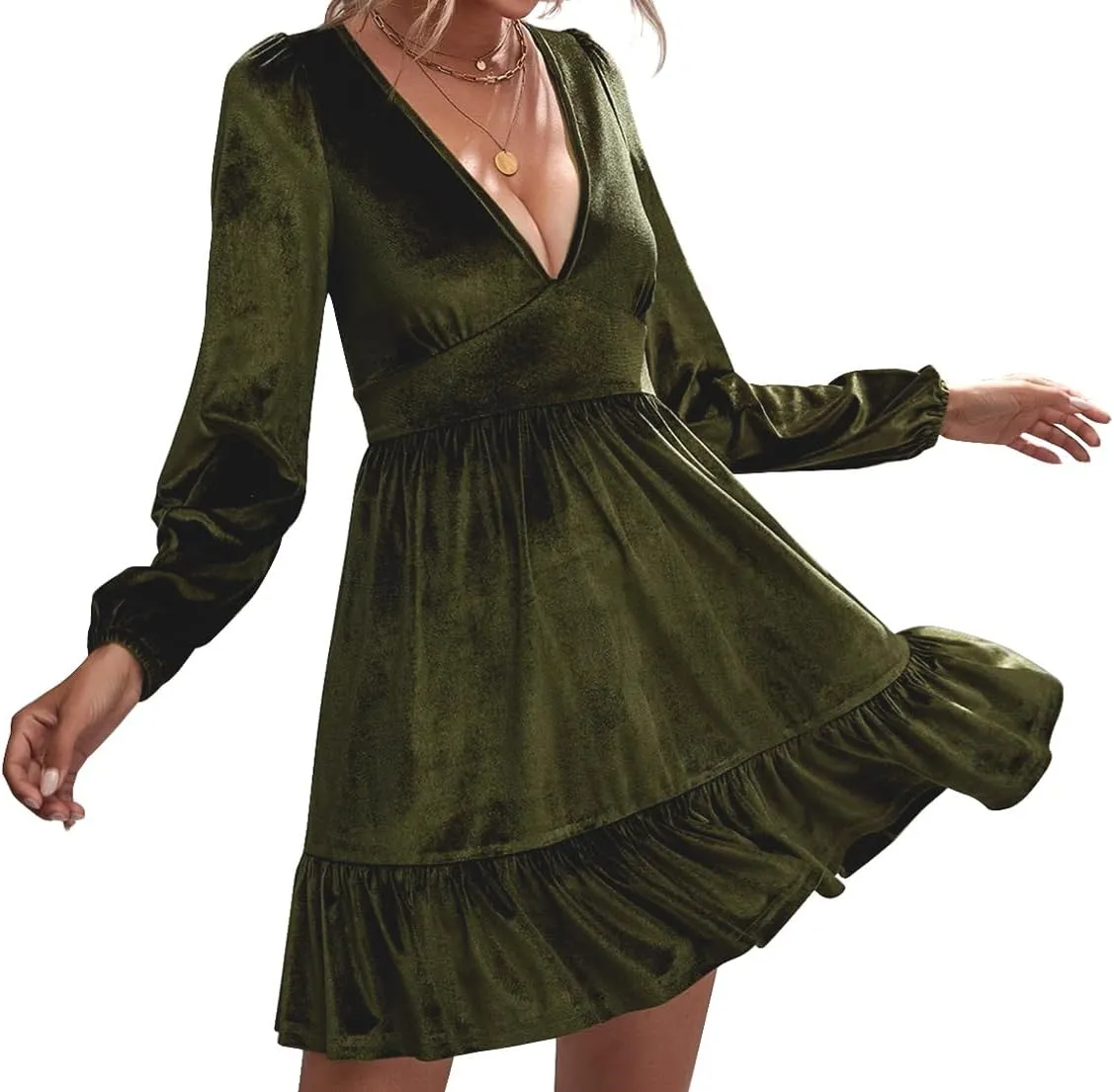 ROYLAMP Women's Dresses Velvet Deep V-Neck Long Sleeve Ruffle Mini Swing Sexy Cocktail Shift Dress