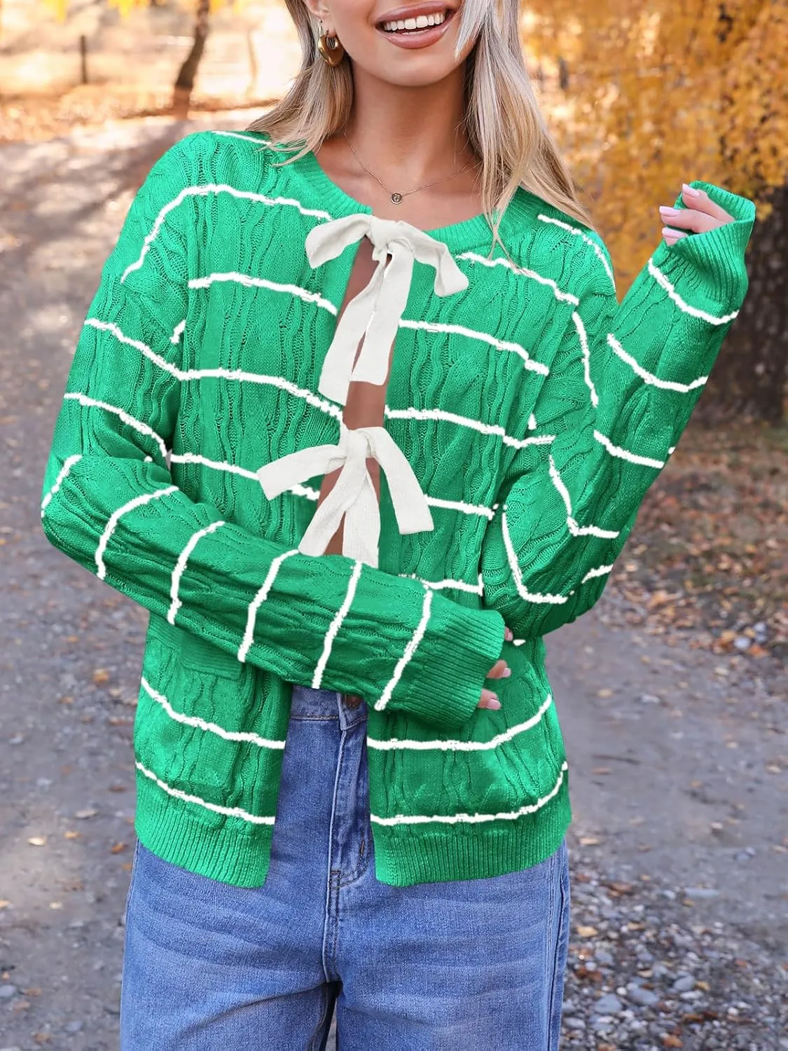 Saodimallsu Womens Striped Tie Front Cardigan Sweaters Crew Neck Long Sleeve Cable Knit Bow Knot Trendy Sweater Tops
