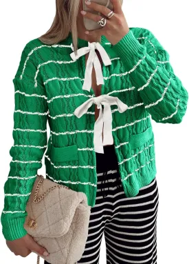 Saodimallsu Womens Striped Tie Front Cardigan Sweaters Crew Neck Long Sleeve Cable Knit Bow Knot Trendy Sweater Tops