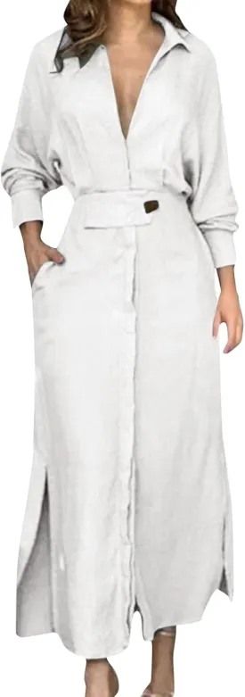 Shirt Dress for Women Lapel Collar Loose Cotton Linen Long Sleeve Cardigan Dresses Slim Fit High Waist Dress