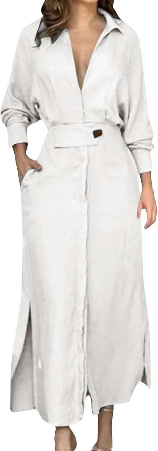 Shirt Dress for Women Lapel Collar Loose Cotton Linen Long Sleeve Cardigan Dresses Slim Fit High Waist Dress
