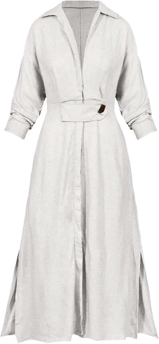 Shirt Dress for Women Lapel Collar Loose Cotton Linen Long Sleeve Cardigan Dresses Slim Fit High Waist Dress