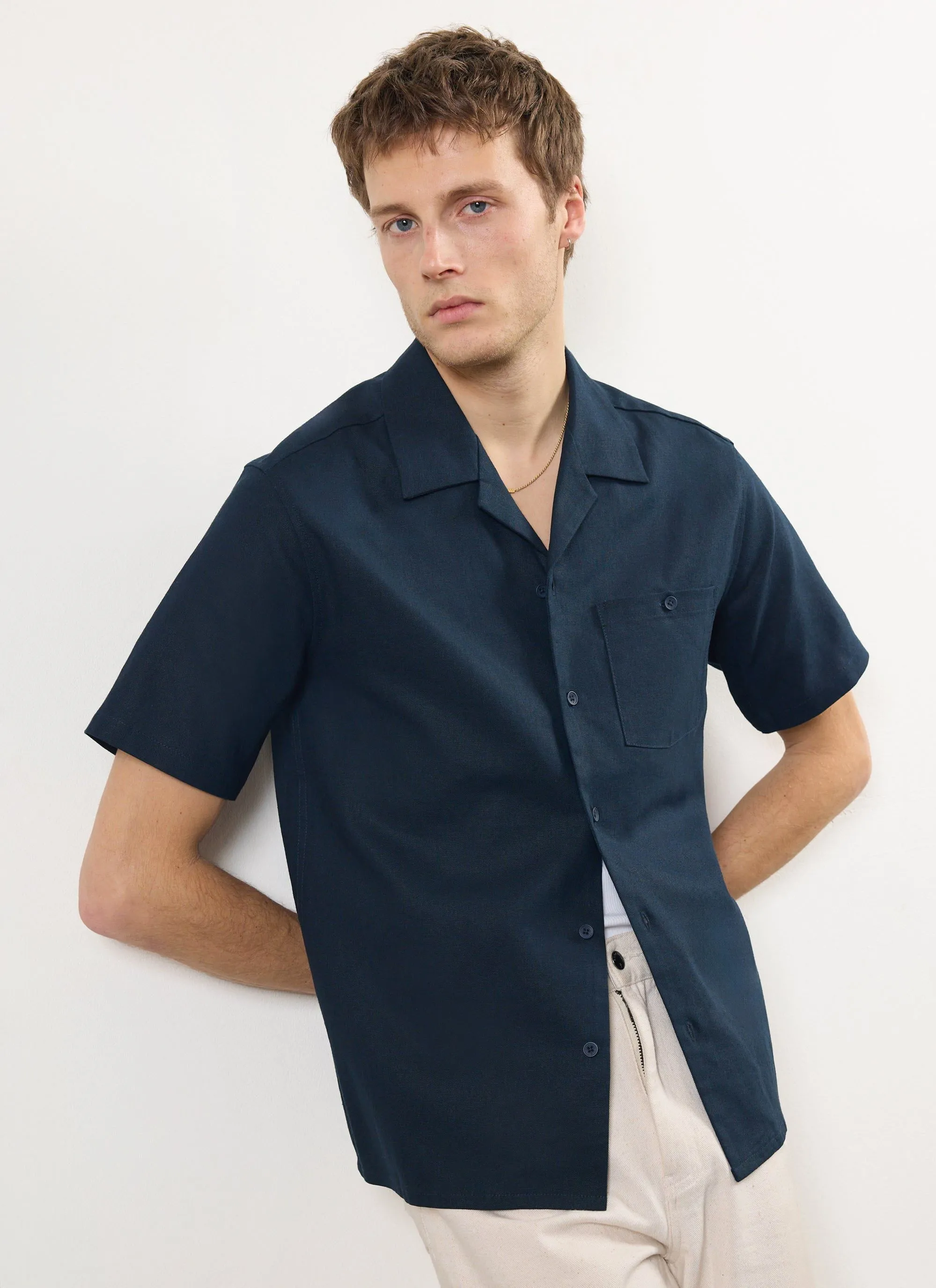 Short Sleeve Cuban Shirt | Linen | Navy