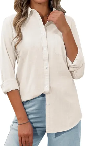 siliteelon Womens Button Down Shirt Linen Button Up Shirts for Women Long Sleeve Summer Shirt Collared Blouse Linen Tops