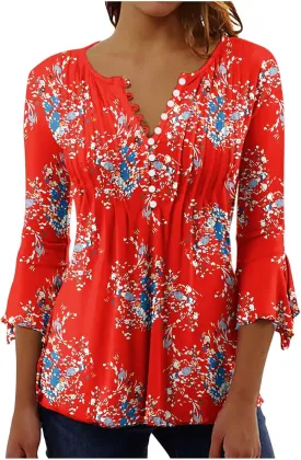 SMIDOW Women 3/4 Sleeve Graphic Tunic Tops Trendy 2024 Summer Casual v Neck Empire Waist t-Shirt Blouse