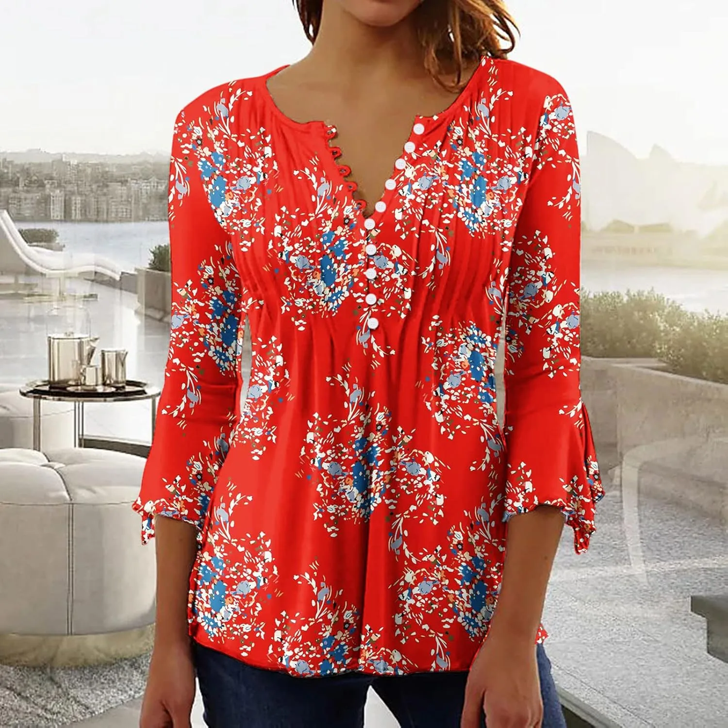 SMIDOW Women 3/4 Sleeve Graphic Tunic Tops Trendy 2024 Summer Casual v Neck Empire Waist t-Shirt Blouse