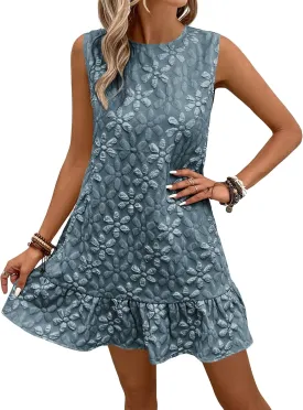 SOLY HUX Women's Ruffle Hem Sleeveless Tank Dress Round Neck Casual Jacquard Hem Smock Summer Mini Dresses