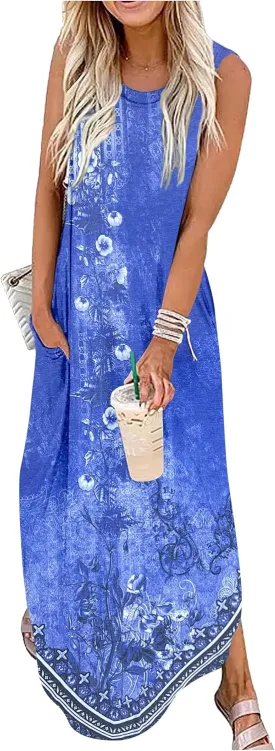 Summer Dresses for Women 2025 Beach Vacation Dress Boho Floral Sundresses Ladies Tropical Pockets Maxi Dress