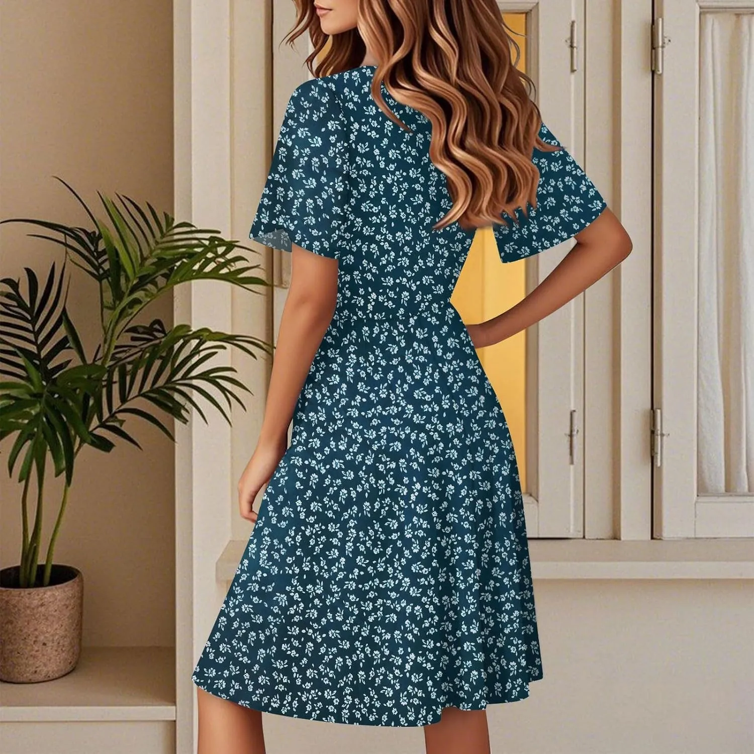 Sundresses for Women 2025 Short Sleeve Cross Wrap V Neck A-Line Midi Dresses Summer Casual Sexy Floral Boho Dress