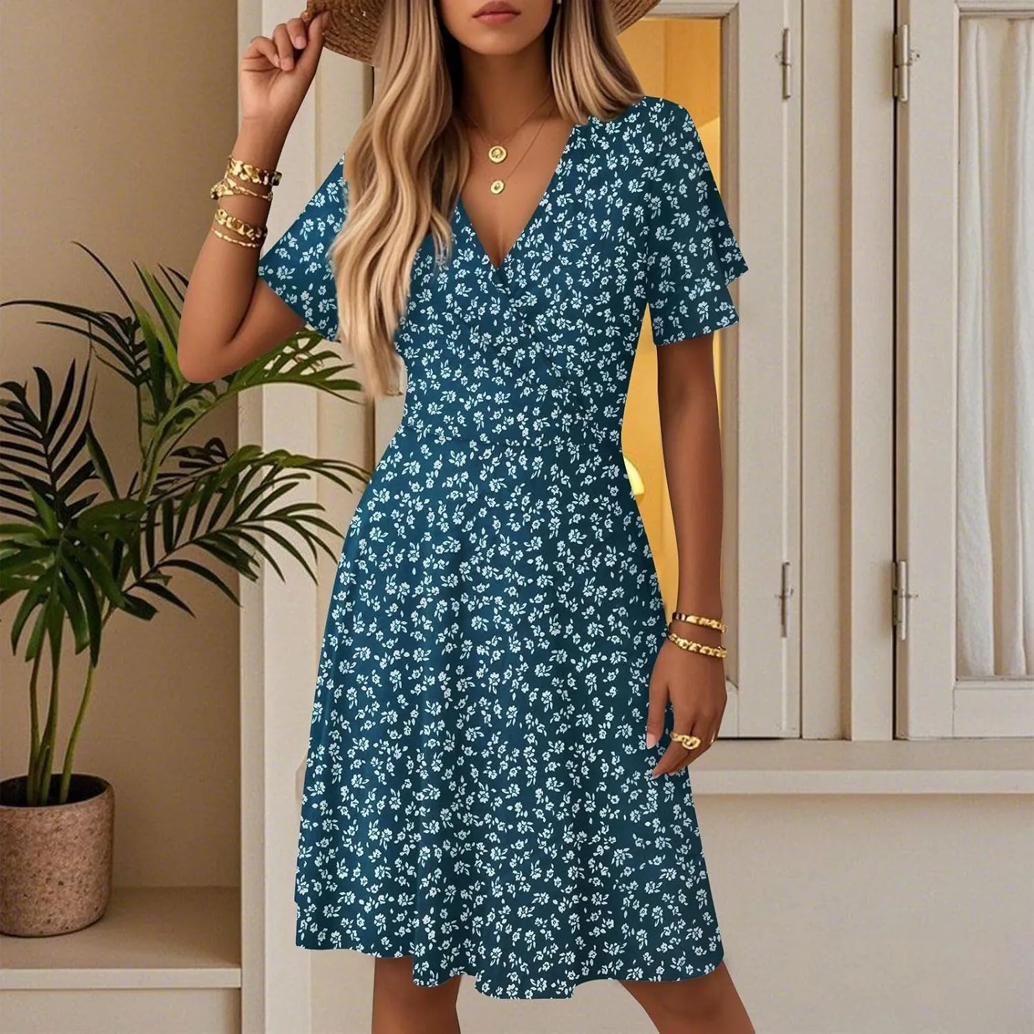 Sundresses for Women 2025 Short Sleeve Cross Wrap V Neck A-Line Midi Dresses Summer Casual Sexy Floral Boho Dress