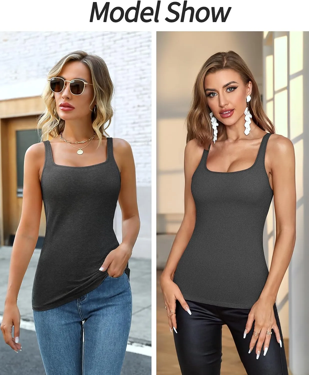 V FOR CITY Women's Cotton Tank Top with Shelf Bra Adjustable Wider Strap Camisole Basic Cami Tanks