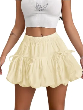 Verdusa Women's Bubble Skirt Ruffled Pleated Mini Skirt Elastic Waist Short Skater Skirts