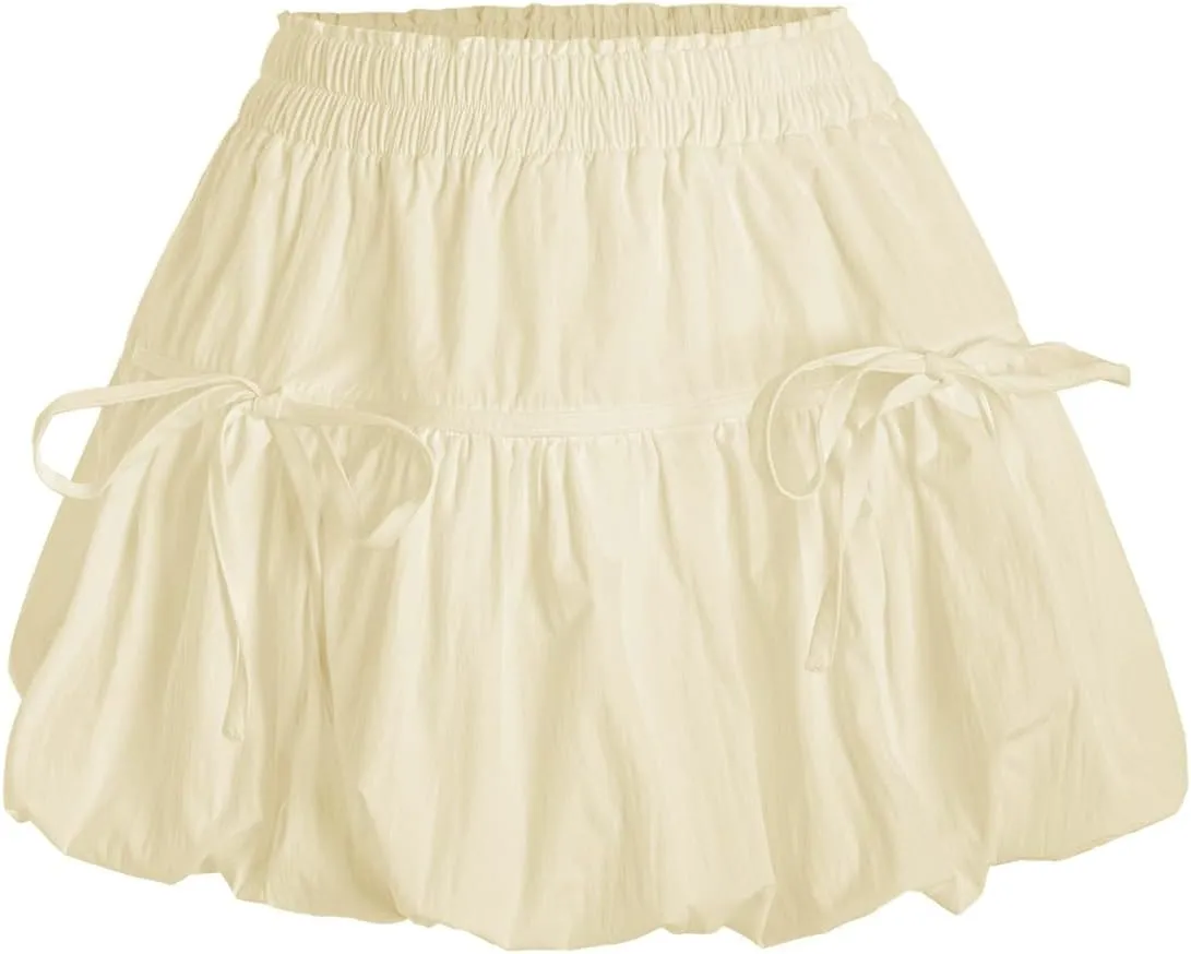 Verdusa Women's Bubble Skirt Ruffled Pleated Mini Skirt Elastic Waist Short Skater Skirts