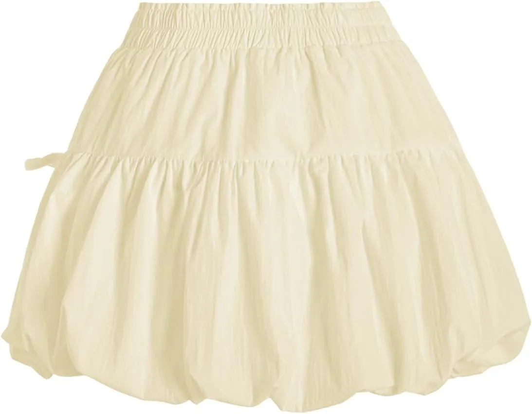 Verdusa Women's Bubble Skirt Ruffled Pleated Mini Skirt Elastic Waist Short Skater Skirts