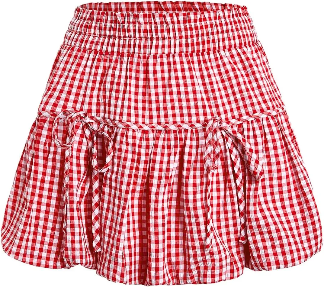 Verdusa Women's Bubble Skirt Ruffled Pleated Mini Skirt Elastic Waist Short Skater Skirts