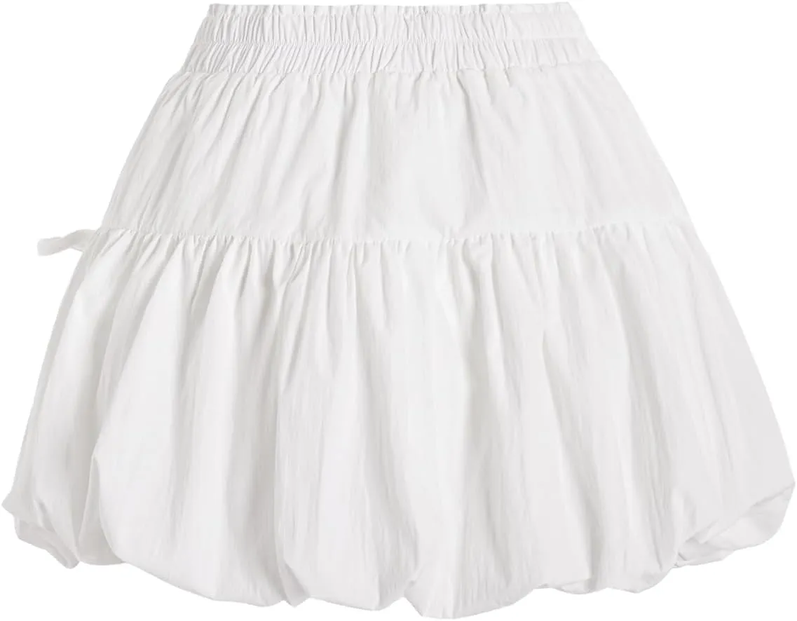 Verdusa Women's Bubble Skirt Ruffled Pleated Mini Skirt Elastic Waist Short Skater Skirts