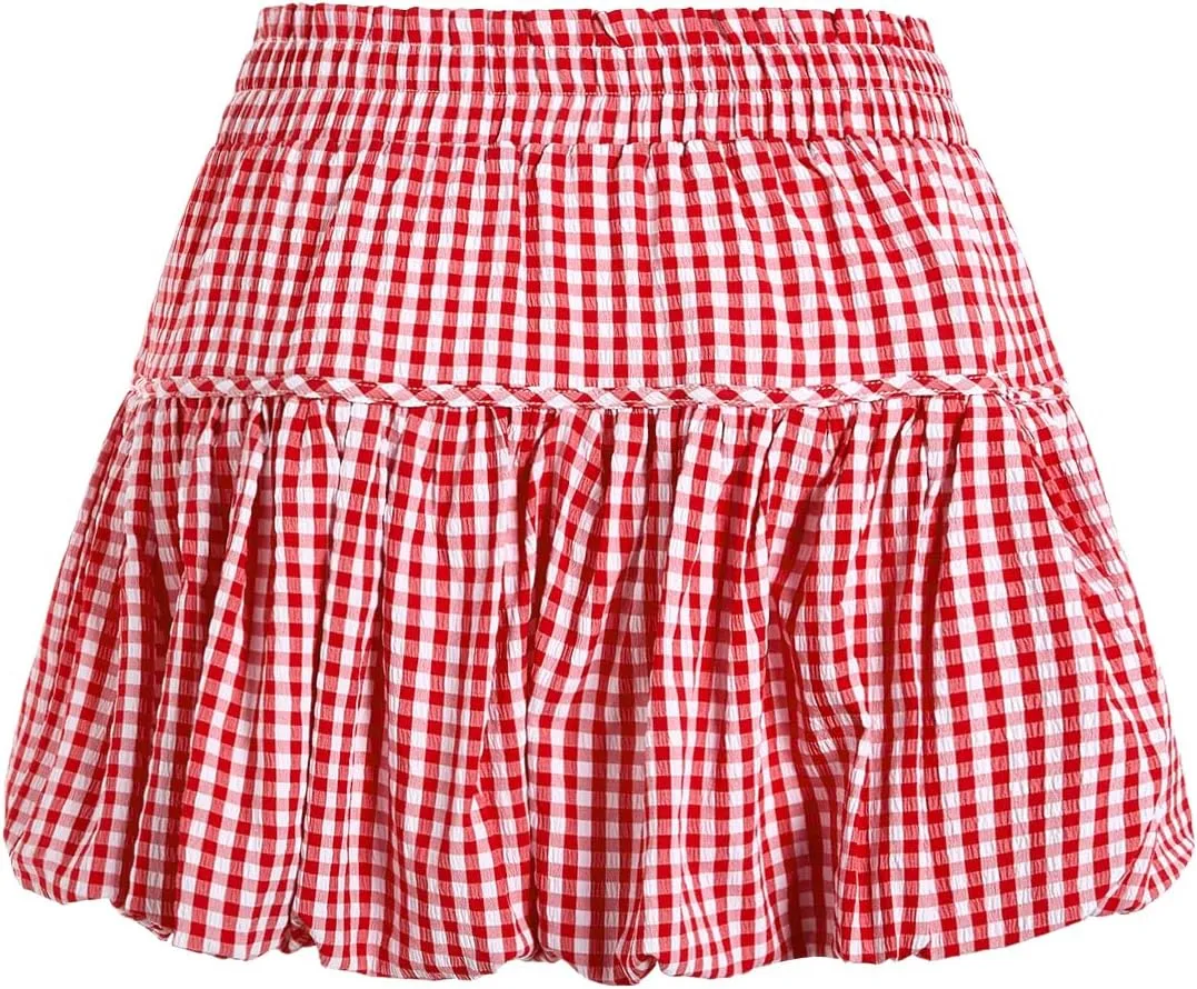 Verdusa Women's Bubble Skirt Ruffled Pleated Mini Skirt Elastic Waist Short Skater Skirts