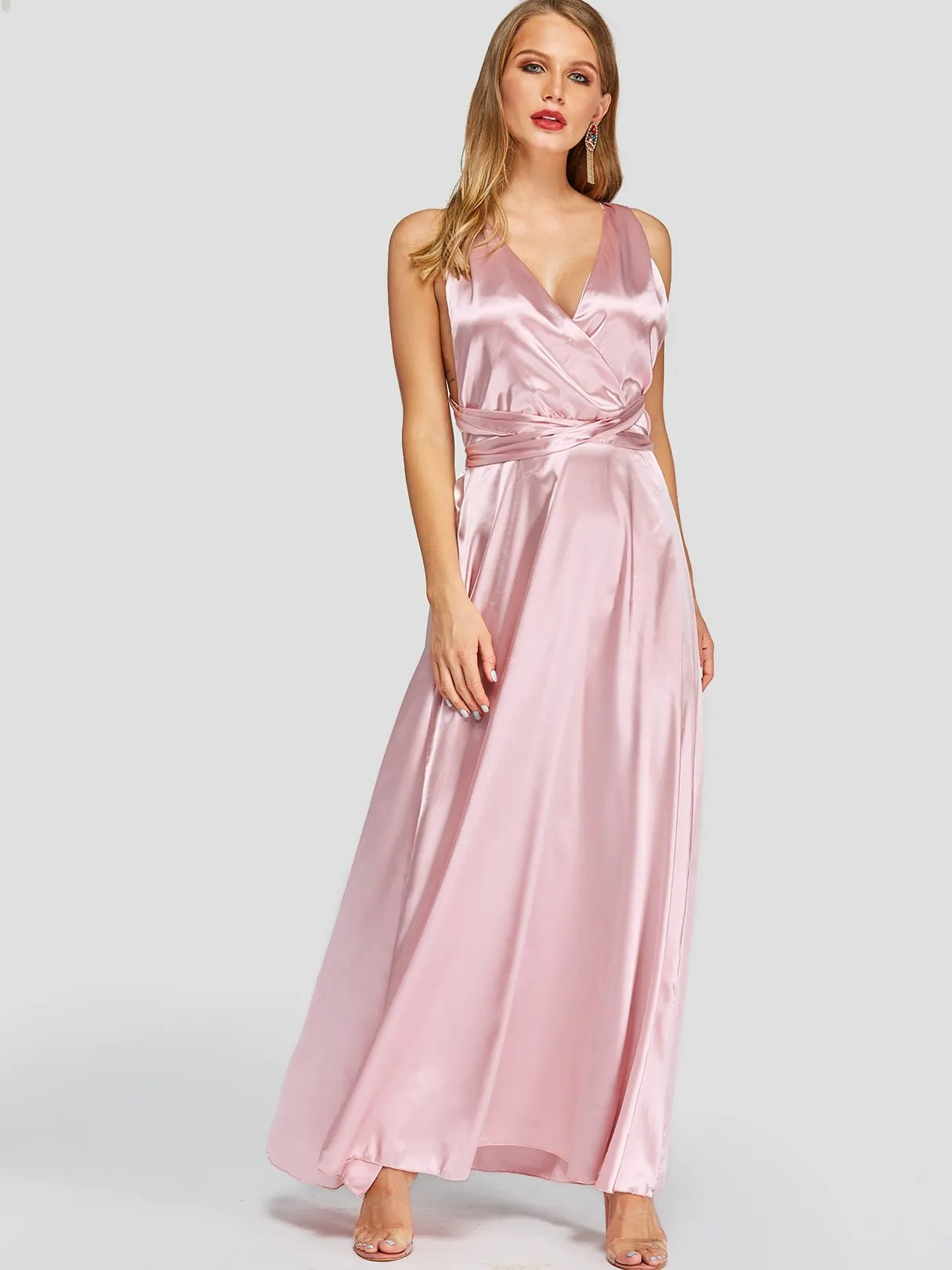 Wholesale Pink V-Neck Crossed Collar Sleeveless Backless Lace-Up Self-Tie Criss-Cross Maxi Dresses