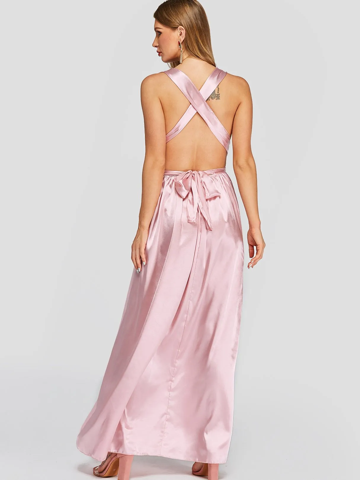 Wholesale Pink V-Neck Crossed Collar Sleeveless Backless Lace-Up Self-Tie Criss-Cross Maxi Dresses