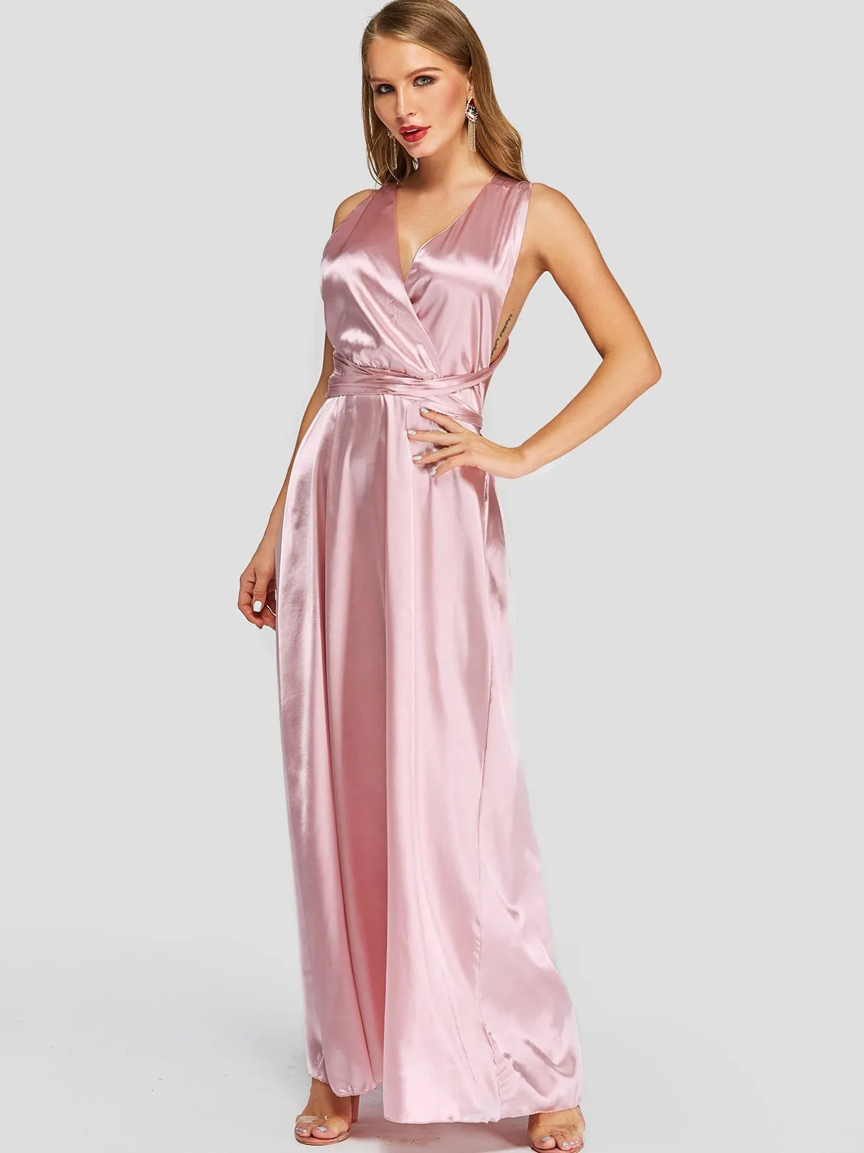 Wholesale Pink V-Neck Crossed Collar Sleeveless Backless Lace-Up Self-Tie Criss-Cross Maxi Dresses