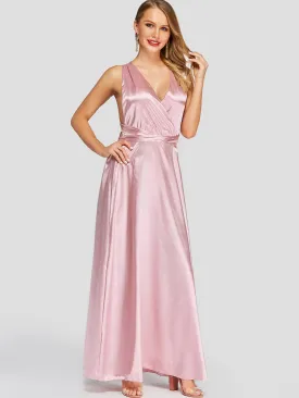 Wholesale Pink V-Neck Crossed Collar Sleeveless Backless Lace-Up Self-Tie Criss-Cross Maxi Dresses