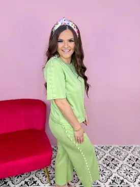 Wide Leg Lined Pearl Pants-Apple Green