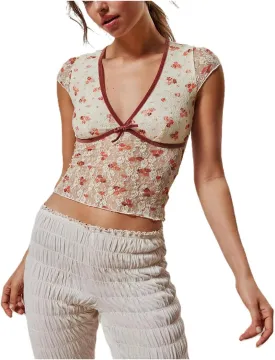 Women Fairy Grunge Crop Top Vintage Lace Short Sleeve Shirt Aesthetic Patchwork Square Neck T-Shirt 90s Harajuku Shirt