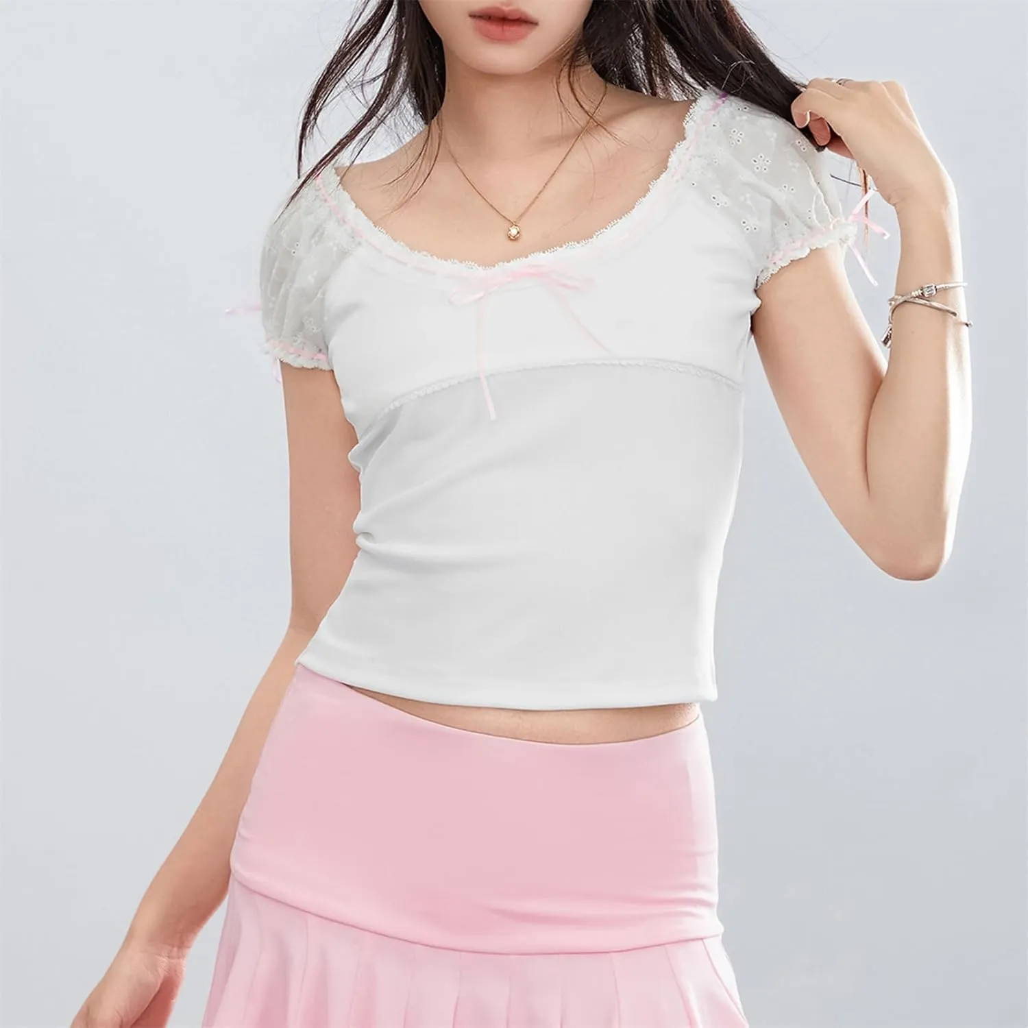 Women Fairy Grunge Crop Top Vintage Lace Short Sleeve Shirt Aesthetic Patchwork Square Neck T-Shirt 90s Harajuku Shirt