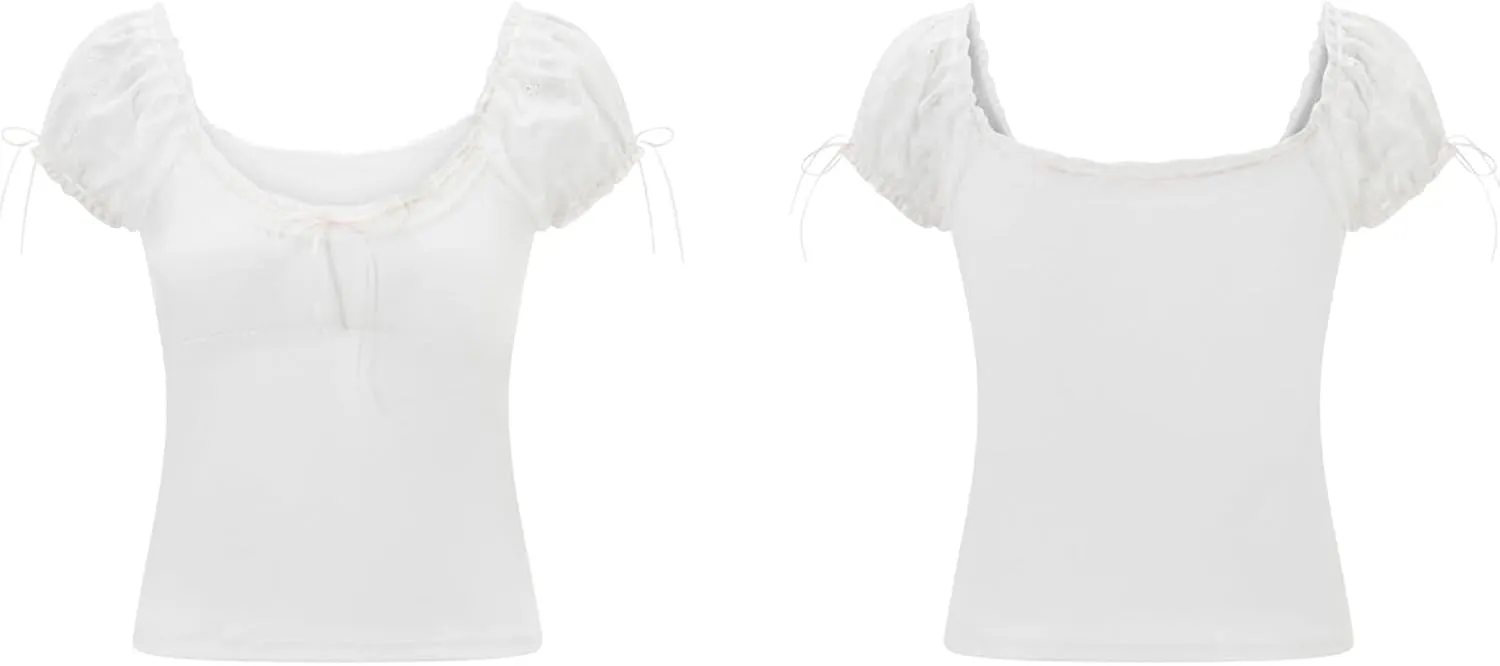 Women Fairy Grunge Crop Top Vintage Lace Short Sleeve Shirt Aesthetic Patchwork Square Neck T-Shirt 90s Harajuku Shirt