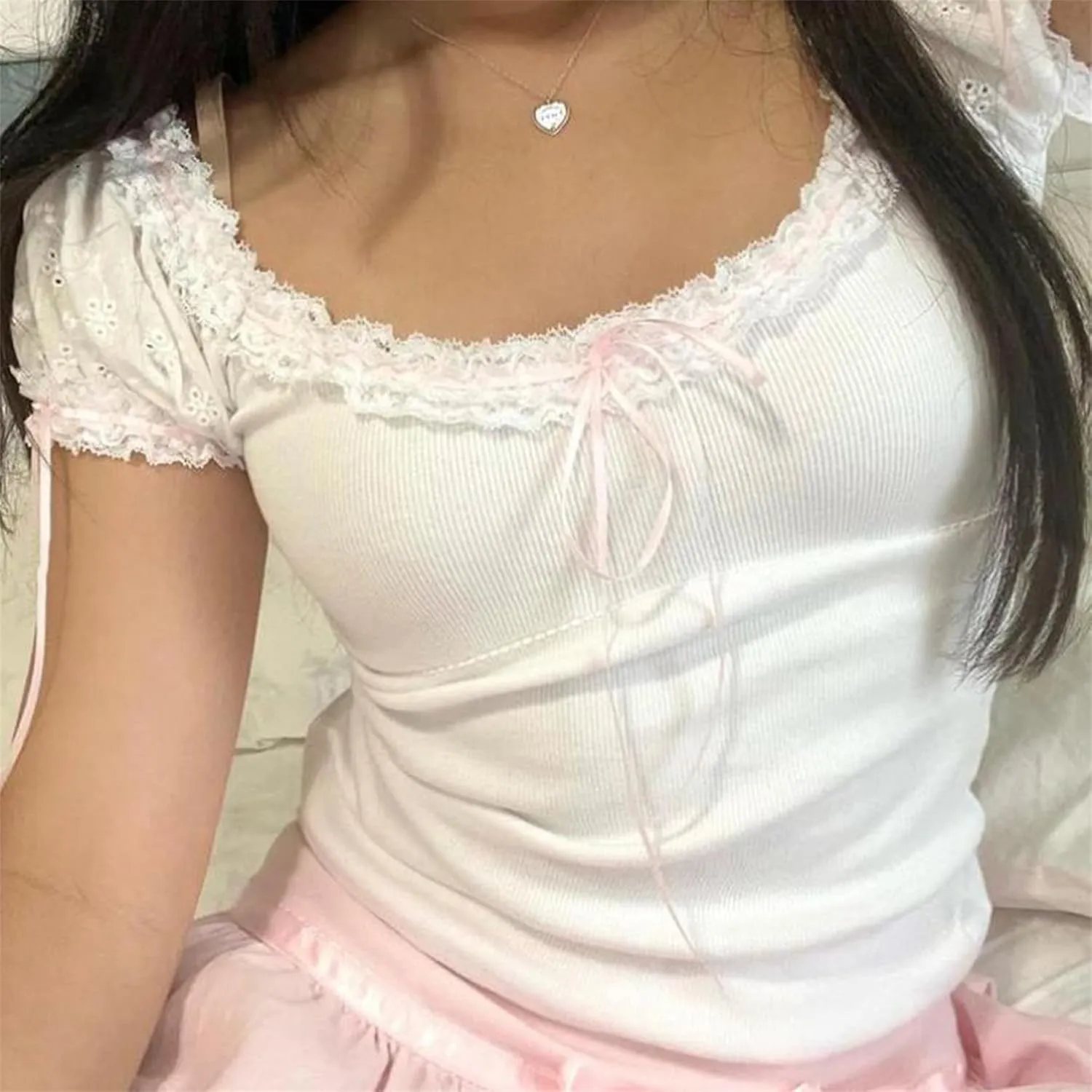 Women Fairy Grunge Crop Top Vintage Lace Short Sleeve Shirt Aesthetic Patchwork Square Neck T-Shirt 90s Harajuku Shirt