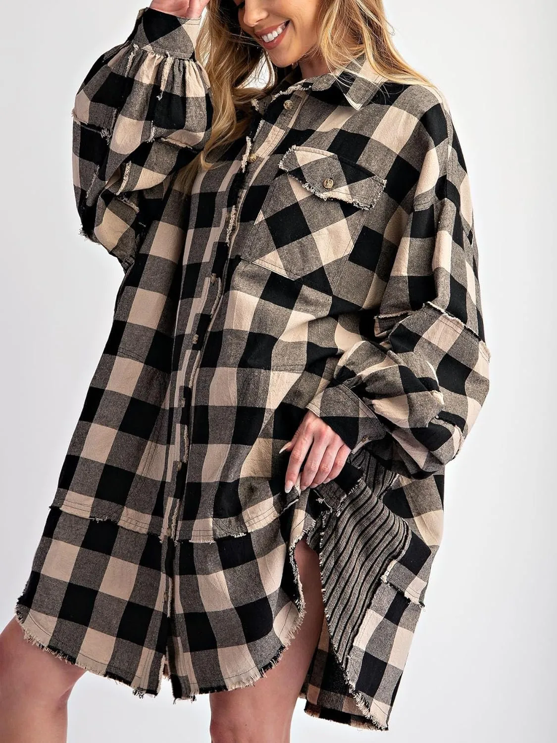 Women Flannel Plaid Shirt Dress Button Down Long Sleeve Collared Mini Dress Casual Boyfriend Shirts with Pockets