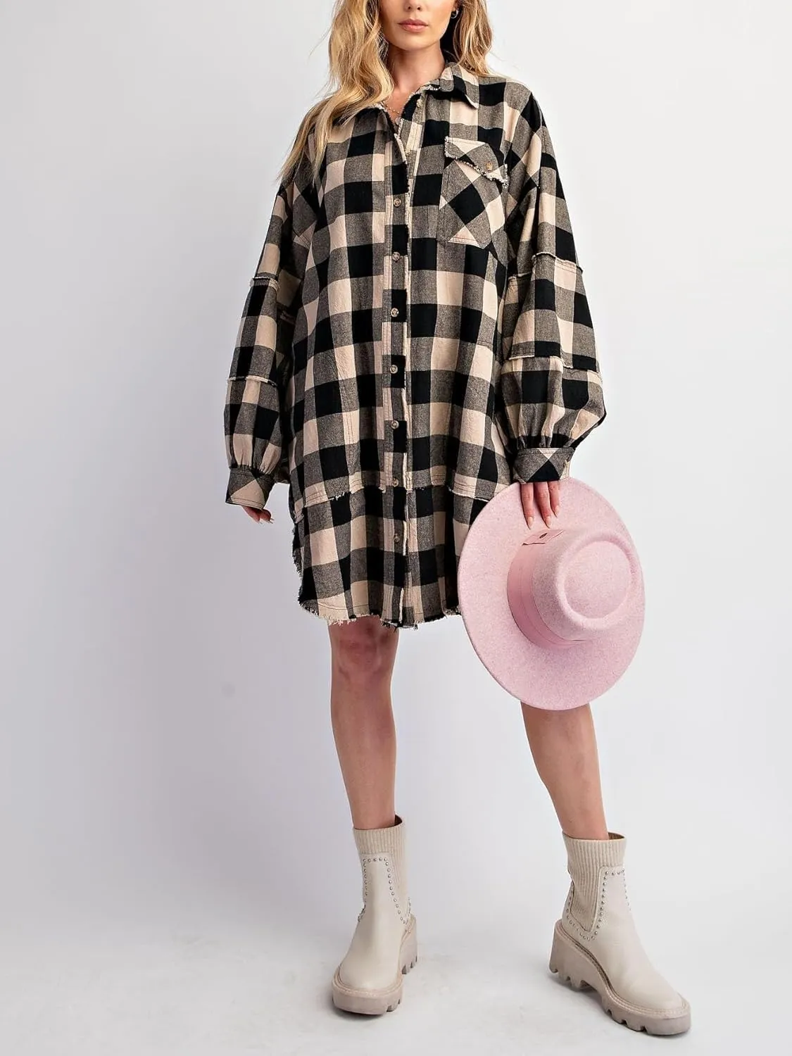 Women Flannel Plaid Shirt Dress Button Down Long Sleeve Collared Mini Dress Casual Boyfriend Shirts with Pockets