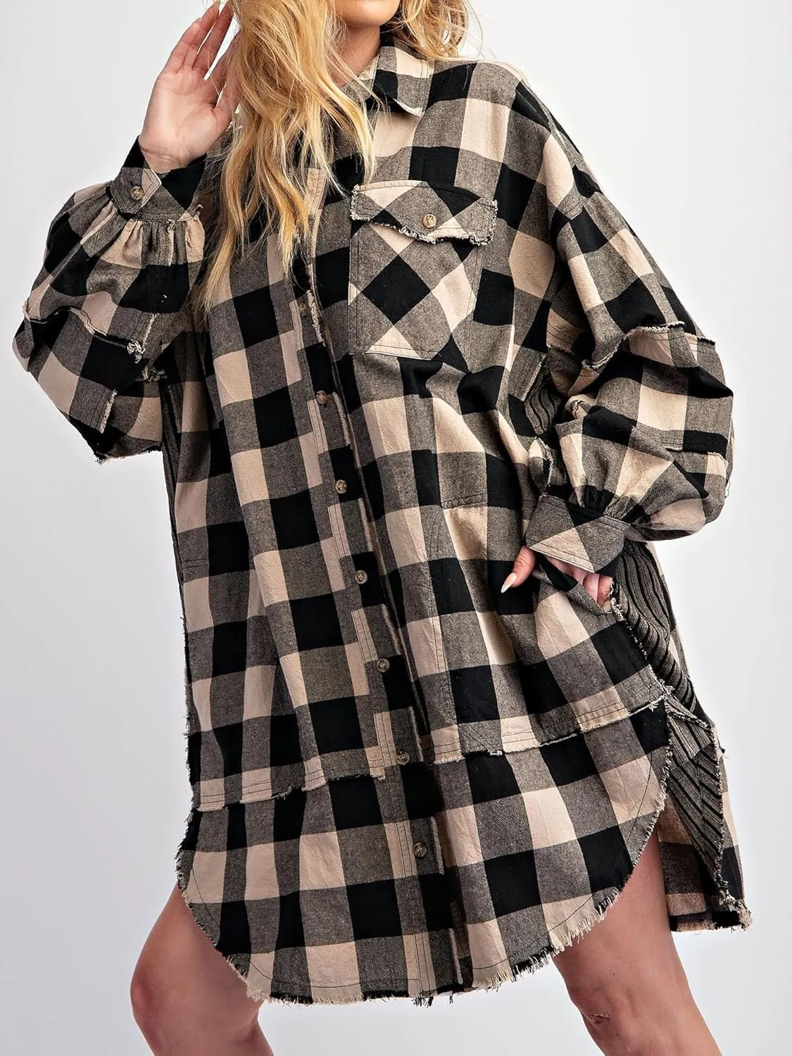 Women Flannel Plaid Shirt Dress Button Down Long Sleeve Collared Mini Dress Casual Boyfriend Shirts with Pockets