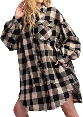 Women Flannel Plaid Shirt Dress Button Down Long Sleeve Collared Mini Dress Casual Boyfriend Shirts with Pockets