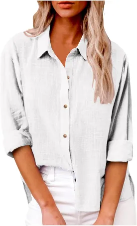 Women Oversized Button Down Gauze Dress Shirts Drop Shoulder Office Blouse Long Sleeve Boyfriend Shirts with Pocket