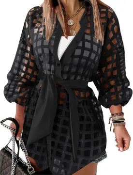 Women Plaid Turn-Down Collar Shirt Dress Casual Sheer Mesh Long Sleeve Belted Mini Dress