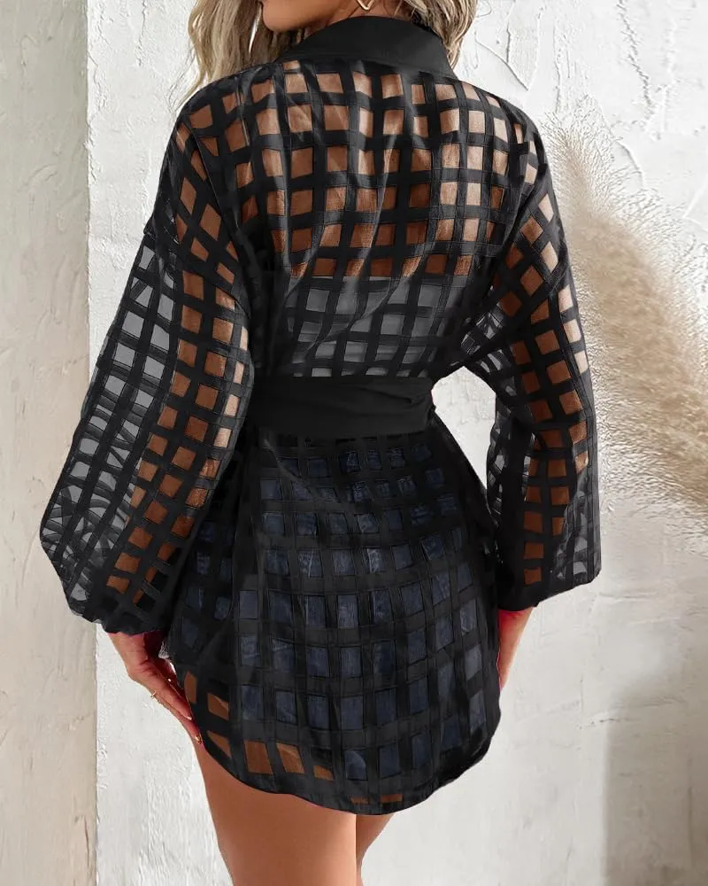 Women Plaid Turn-Down Collar Shirt Dress Casual Sheer Mesh Long Sleeve Belted Mini Dress