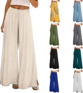 Women Summer Boho Palazzo Pants High Waist Wide Leg Flowy Pants Beach Drawstring Casual Side Slit Trousers Pockets