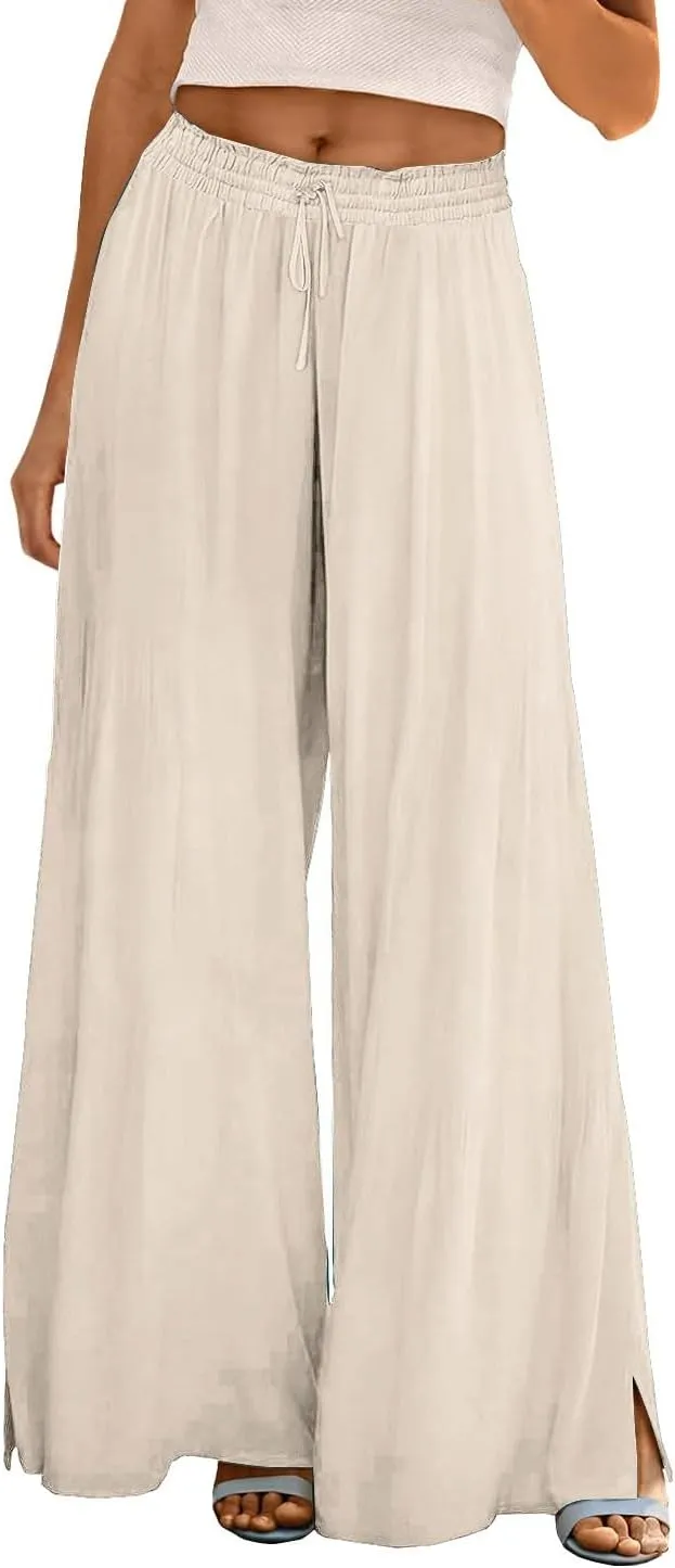 Women Summer Boho Palazzo Pants High Waist Wide Leg Flowy Pants Beach Drawstring Casual Side Slit Trousers Pockets