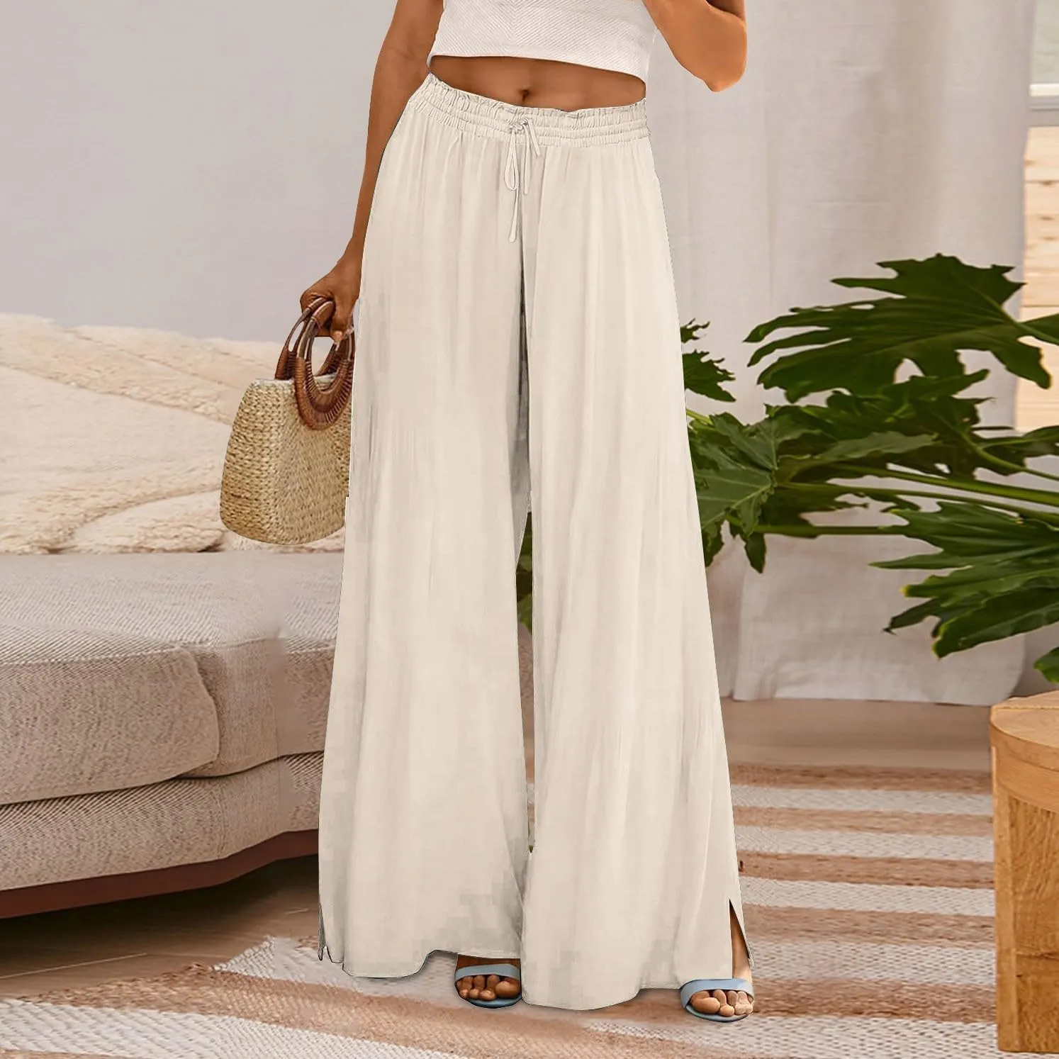 Women Summer Boho Palazzo Pants High Waist Wide Leg Flowy Pants Beach Drawstring Casual Side Slit Trousers Pockets