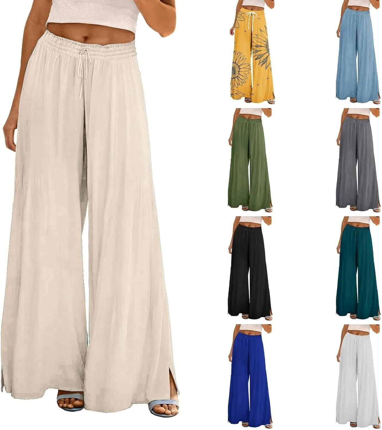 Women Summer Boho Palazzo Pants High Waist Wide Leg Flowy Pants Beach Drawstring Casual Side Slit Trousers Pockets