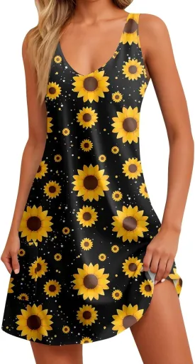 Women Summer Dresses Casual Vacation Sundress Printed 2025 Swimsuit Coverup Beach Sleeveless Dress with Pocket