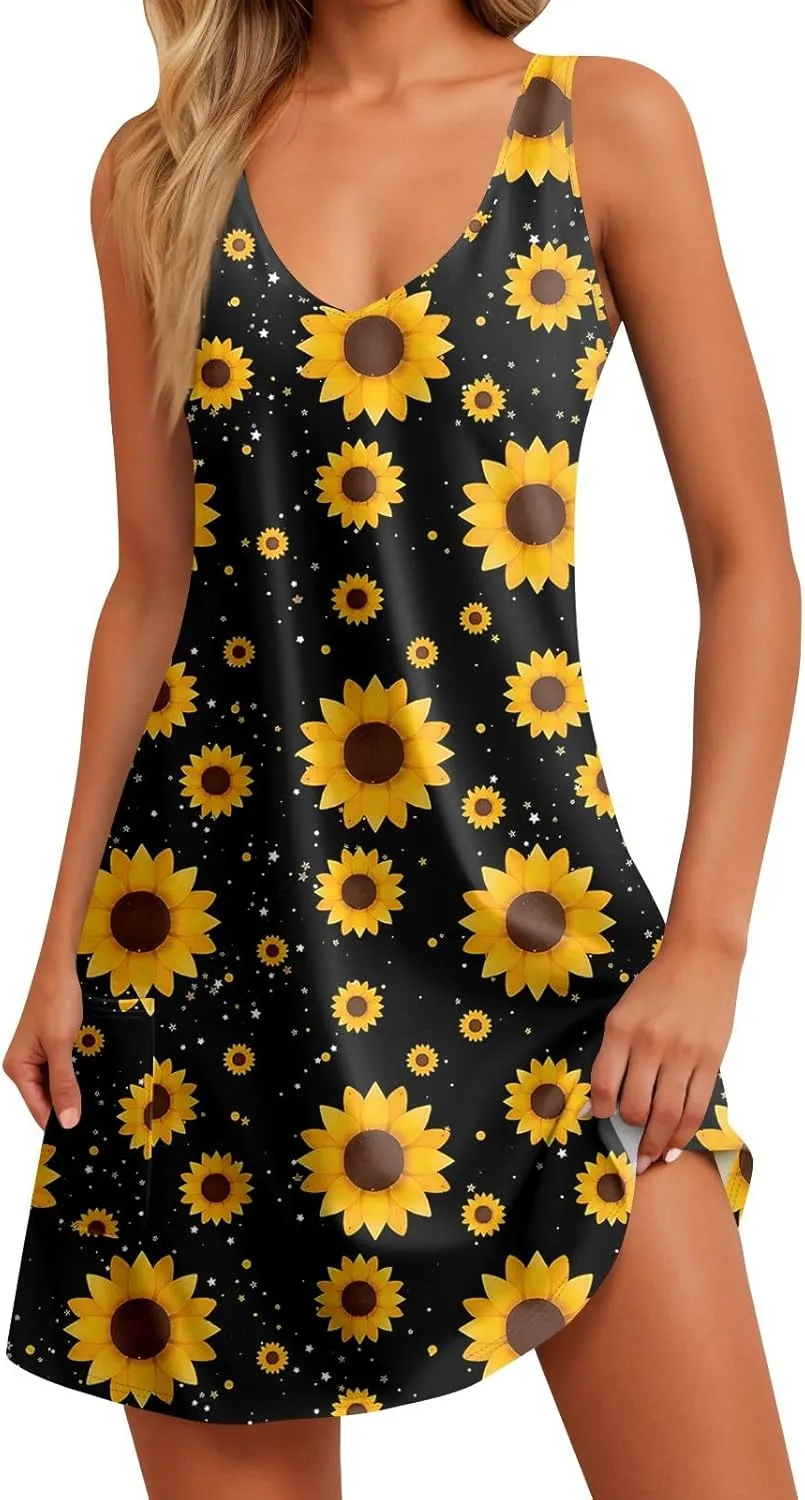 Women Summer Dresses Casual Vacation Sundress Printed 2025 Swimsuit Coverup Beach Sleeveless Dress with Pocket