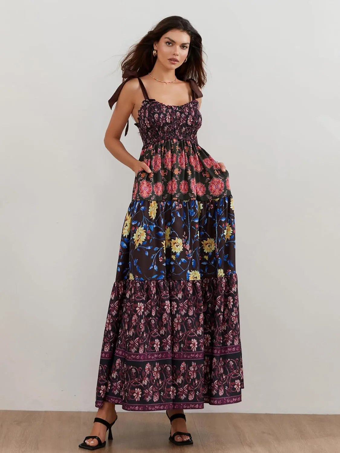 Women Summer Dresses Flowy Smocked Maxi Dress Sleeveless Sweetheart Y2K Floral Boho Summer Sundresses
