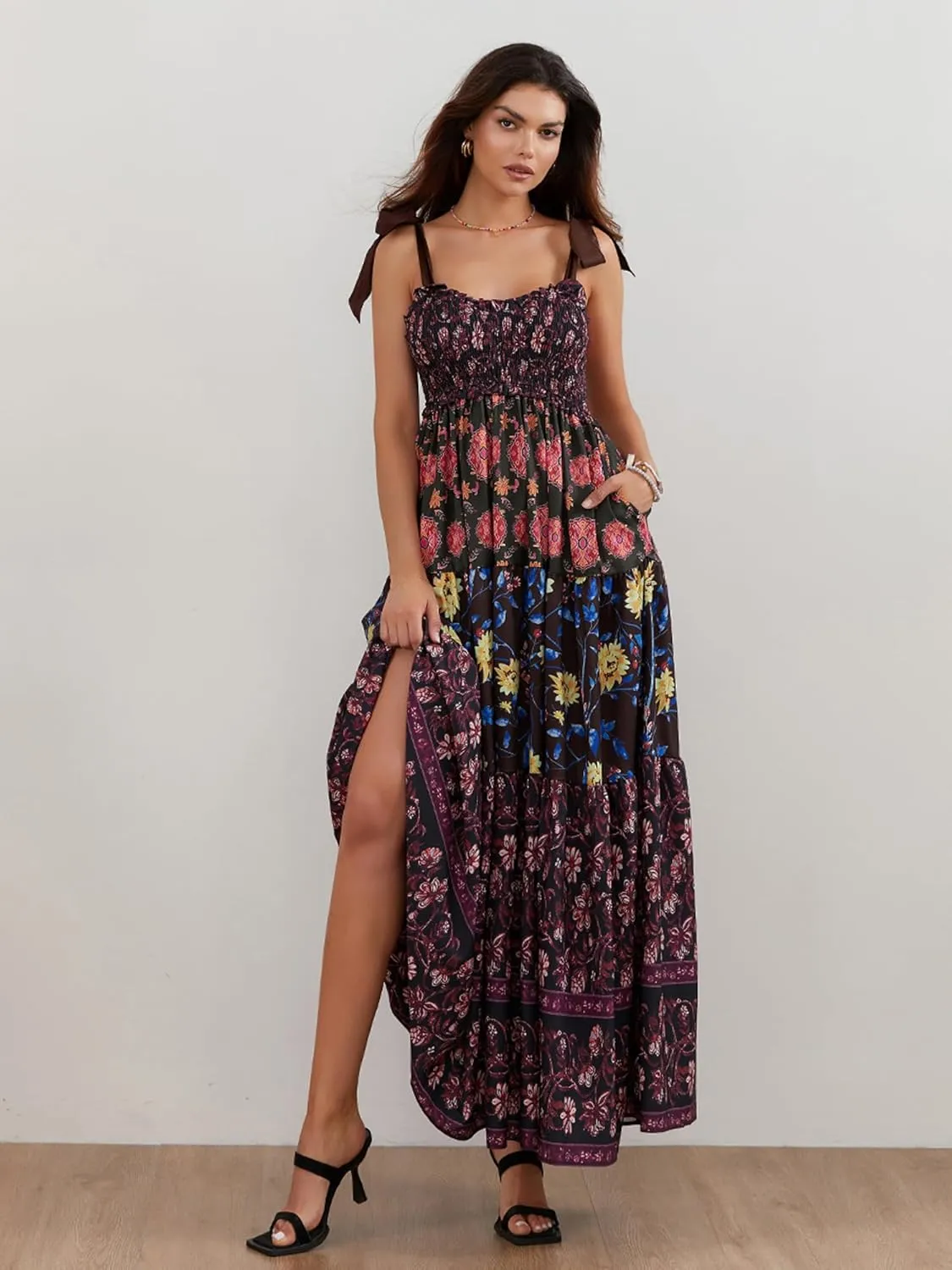 Women Summer Dresses Flowy Smocked Maxi Dress Sleeveless Sweetheart Y2K Floral Boho Summer Sundresses