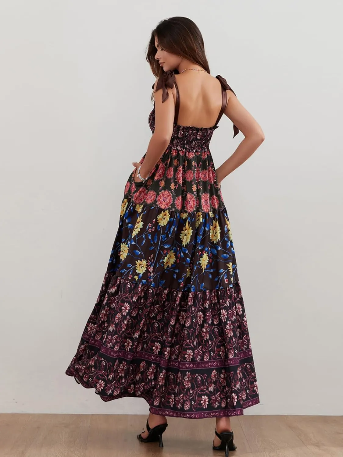 Women Summer Dresses Flowy Smocked Maxi Dress Sleeveless Sweetheart Y2K Floral Boho Summer Sundresses
